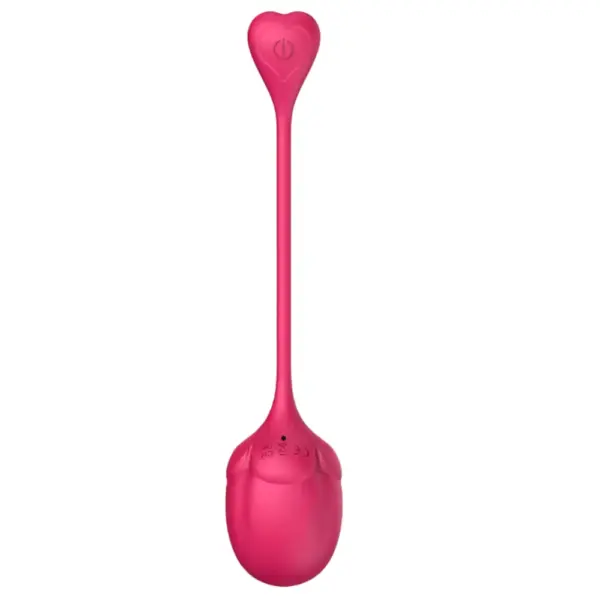 BigBloom XL vibrating egg shown upright with a flexible tail topped by a heart-shaped button, designed for wireless operation and ergonomic handling.
