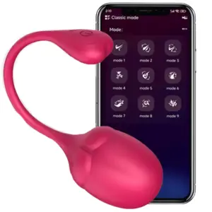 The BigBloom vibrator next to a smartphone app interface offering 9 customizable vibration modes, showcasing its smart control compatibility.