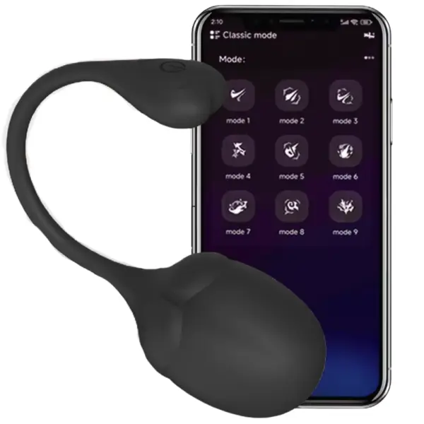 Black version of the BigBloom XL egg positioned in front of a smartphone showing its remote app features, highlighting hands-free smart control functionality.