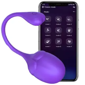 Purple BigBloom vibrating egg shown beside a smartphone screen illustrating 9 app-controlled modes, emphasizing its blend of power and versatility.
