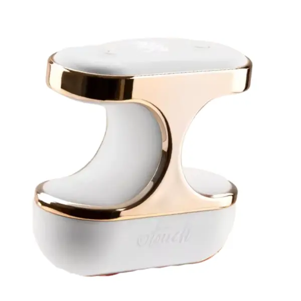 The Aurielle Luxury Finger Clip Vibrator featuring a sleek white body with metallic gold trim and a dual-panel design for ergonomic finger grip.