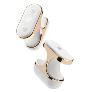 Top view of the Aurielle Luxury Finger Clip Vibrator showing the control buttons for power and vibration modes on a smooth white surface.