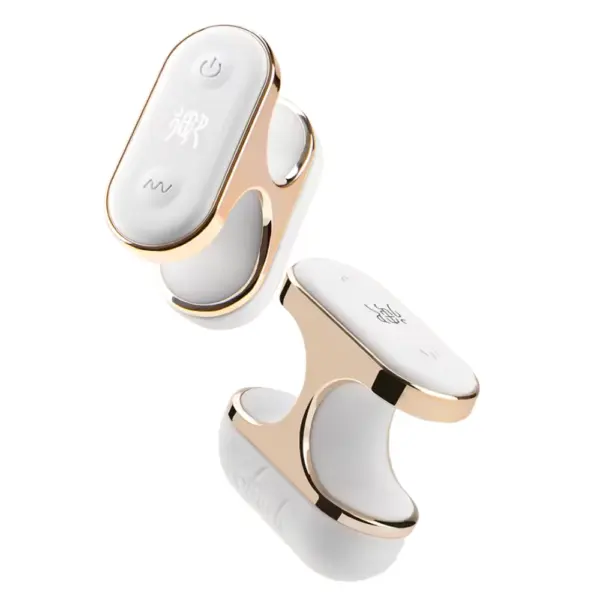 Top view of the Aurielle Luxury Finger Clip Vibrator showing the control buttons for power and vibration modes on a smooth white surface.