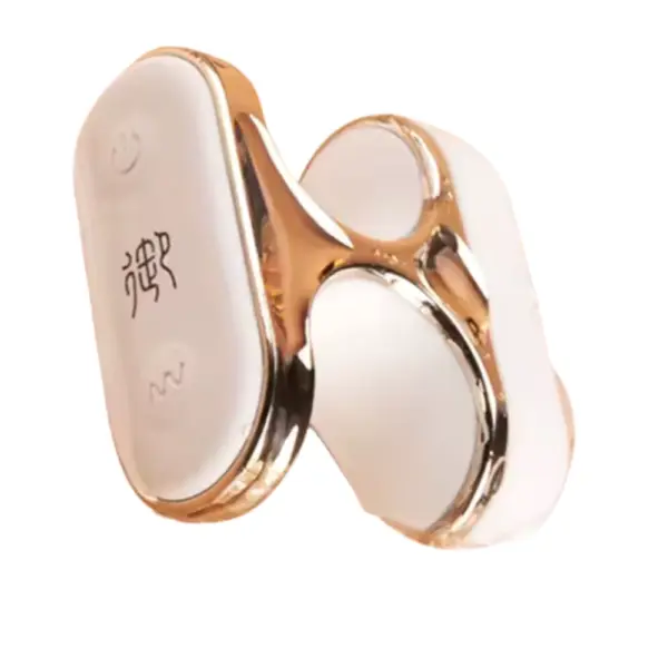 A close-up angled view of the Aurielle Luxury Finger Clip Vibrator showing its contoured form and embedded interface with minimalist icons.