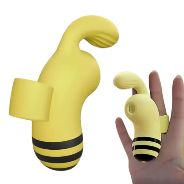 The Buzzora Bee Sucking Finger Vibrator shown on two fingers for wearable control, emphasizing its flexible ring grip and buzzing striped base.