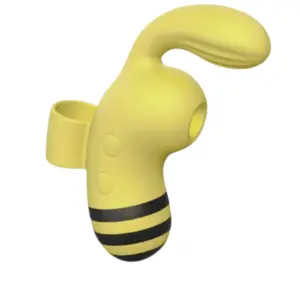 The Buzzora Bee Sucking Finger Vibrator in yellow with black stripes, featuring a curved stimulation tip and circular suction port for targeted pleasure.