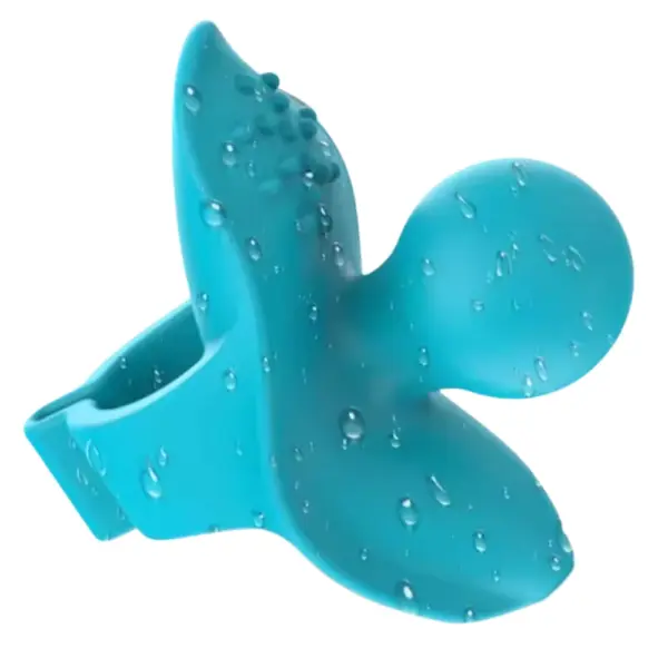 The Fluttra Butterfly Finger Vibrator covered in water droplets, highlighting its waterproof silicone build and flexible fit.