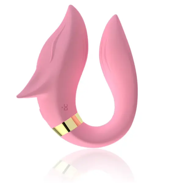 The Foxy Couples Vibrator in pale pink, designed with a smooth silicone finish and playful fox-inspired shape featuring detailed ears and a gold accent band.