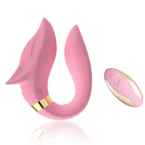 The pink Foxy Vibrator shown with its matching wireless remote, highlighting its ergonomic fox-shaped design and hands-free control capability.