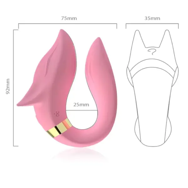 Diagram of the Foxy Vibrator in pink, showcasing its full measurements—92mm tall, 75mm wide, with a 25mm inner gap—alongside a top-down sketch for scale.