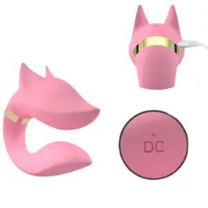 Multiple angles of the pink Foxy Vibrator showing its USB charging port, signature fox ear silhouette, and close-up of the DC input mark.