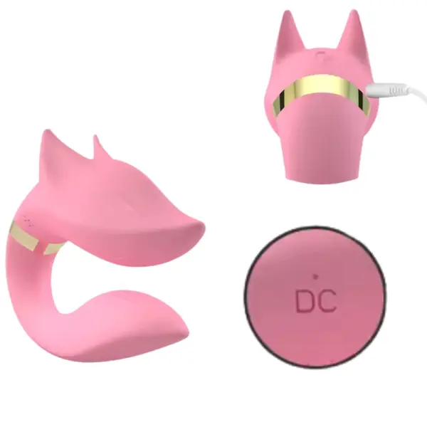 Multiple angles of the pink Foxy Vibrator showing its USB charging port, signature fox ear silhouette, and close-up of the DC input mark.