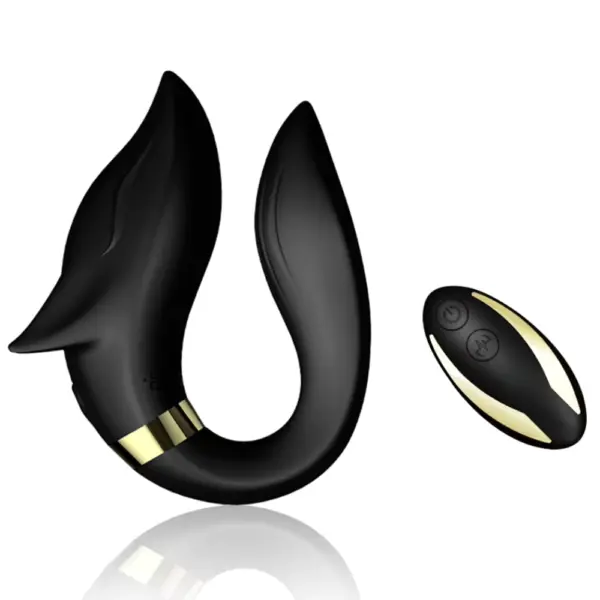 The Foxy Vibrator in sleek black, paired with a gold-accented remote control, emphasizing its luxurious aesthetic and ergonomic, body-hugging shape.