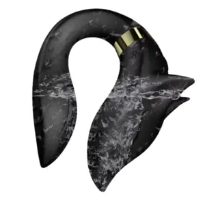 The black Foxy Couples Vibrator splashed with water, illustrating its waterproof build and distinctive fox-like silhouette designed for dual stimulation.