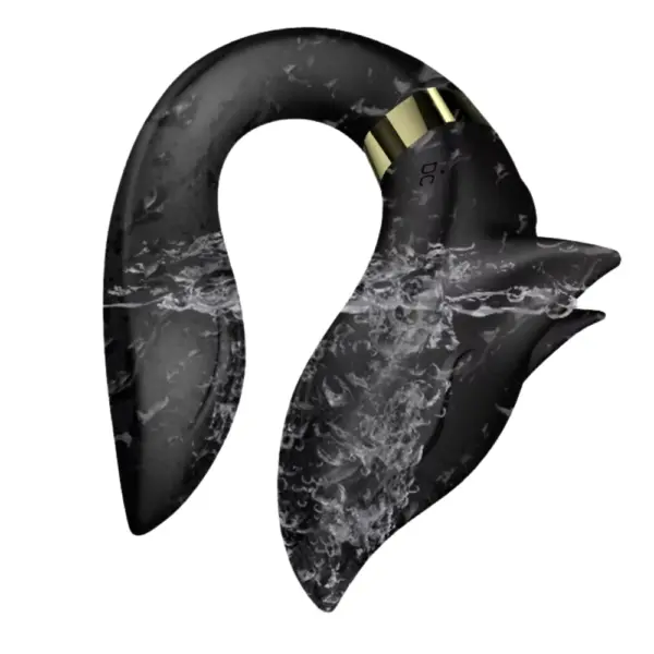 The black Foxy Couples Vibrator splashed with water, illustrating its waterproof build and distinctive fox-like silhouette designed for dual stimulation.