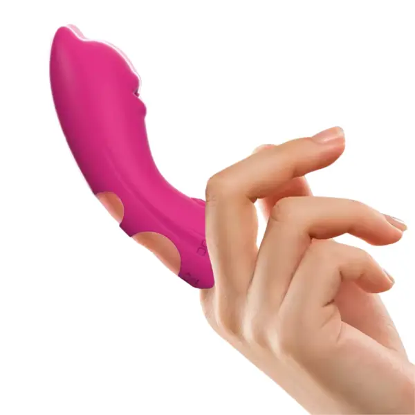 A hand holding the Glidee Silicone Finger Sleeve Vibrator, showing its compact, finger-sized design perfect for precision stimulation.
