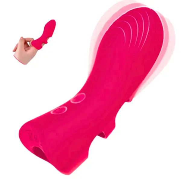 The Glowra Heated Finger Sleeve Vibrator in vivid pink shown in motion, with a curved shape and raised texture for enhanced stimulation.