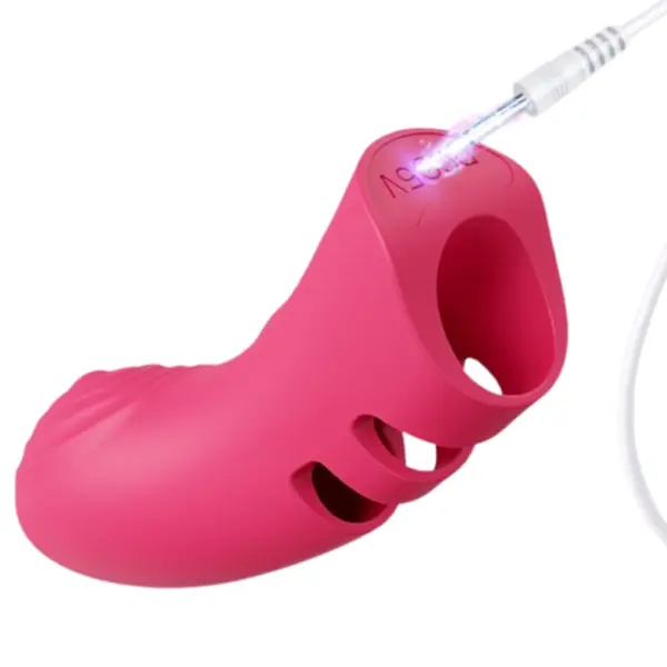 Glowra Heated Finger Sleeve Vibrator connected to a charging cable, highlighting the discreet USB port for easy recharging.
