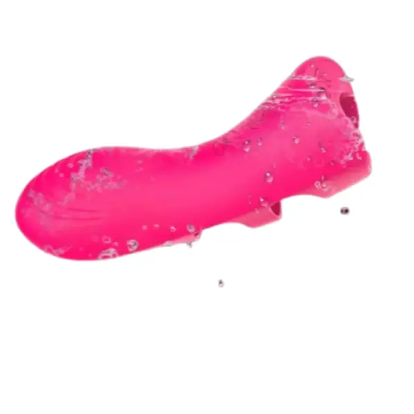 The Glowra Heated Finger Sleeve Vibrator shown covered in water droplets, emphasizing its waterproof and easy-to-clean silicone body.