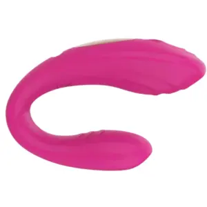 The Luvoria Couples Vibrator in bright red, showing its U-shaped ergonomic curve and textured top for dual internal and external stimulation.