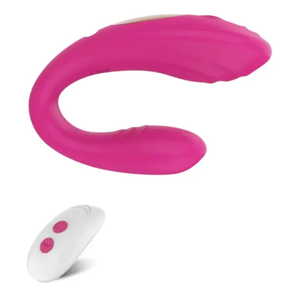The Luvoria Vibrator paired with its white remote control, featuring two pink buttons for wireless adjustment of vibration patterns.