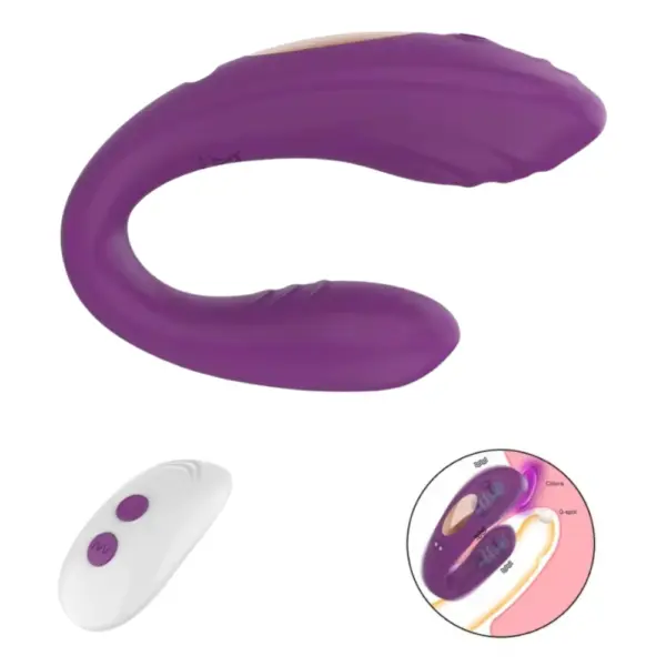 The Luvoria Couples Vibrator in deep purple shown with its matching remote and an anatomical diagram demonstrating simultaneous clitoral and G-spot stimulation.