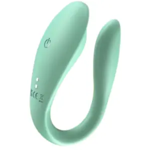 The Mintura Remote Control Couples Massager in a soft mint green color, featuring a flexible, U-shaped design for dual stimulation.