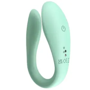 A detailed look at the Mintura Couples Vibrator showing its power button and LED indicators, along with UK and CE certification marks on the silicone body.