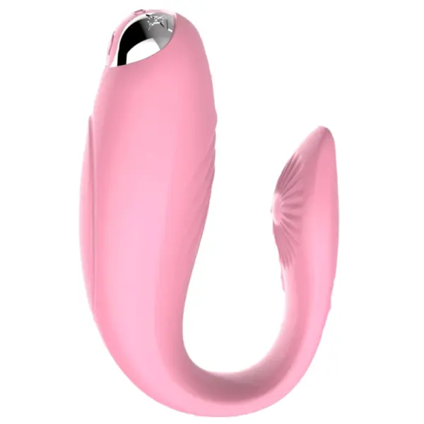 The Orvane Vibrator in soft blush pink, displaying its elegant silicone finish, ergonomic curve, and chrome detail near the control button.