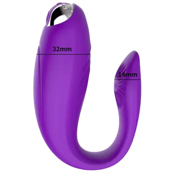 Measurement diagram of the purple Orvane Vibrator, indicating a 32mm external arm and 14mm internal arm diameter for precision fit and comfort.