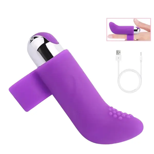 The Purvra Bullet Finger Vibrator shown with its USB charging cable and an inset image demonstrating how it fits securely on the finger.