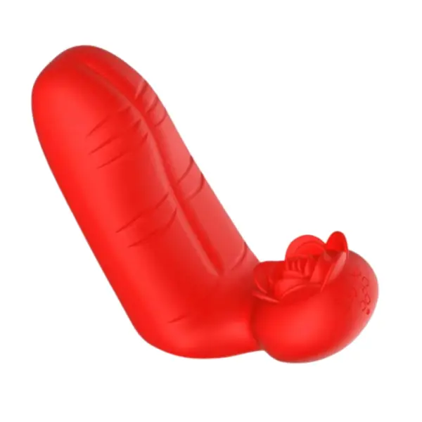 Side angle of the Rosatra Dual Motor Finger Vibrator with a curved L-shaped design and sculpted rose tip for targeted pleasure and ergonomic use.