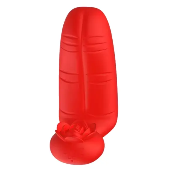 Frontal view of the Rosatra Dual Motor Finger Vibrator showcasing its ribbed shaft and floral clitoral stimulator at the tip.
