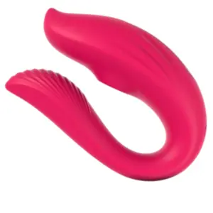 The Rosavie Couples Vibrator in hot pink, showcasing its curved design with smooth air pulse stimulator and ribbed texture for targeted external stimulation.