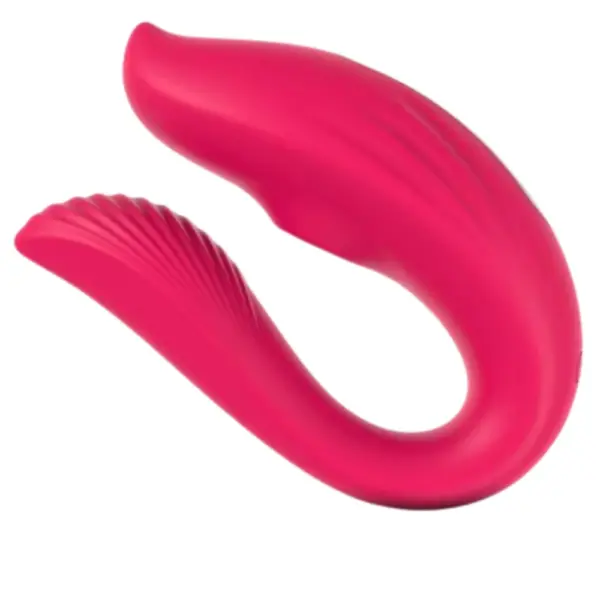 The Rosavie Couples Vibrator in hot pink, showcasing its curved design with smooth air pulse stimulator and ribbed texture for targeted external stimulation.