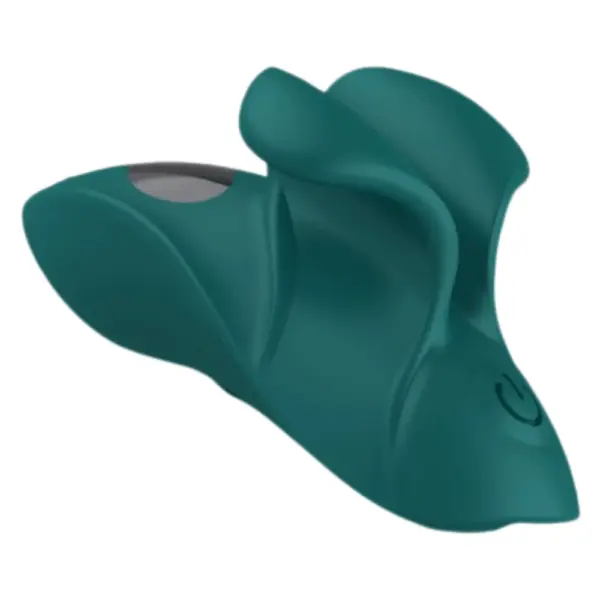 Rear view of the Velora Magnetic Charging Finger Vibrator showing its ergonomic curves, silicone texture, and built-in power button for easy control.