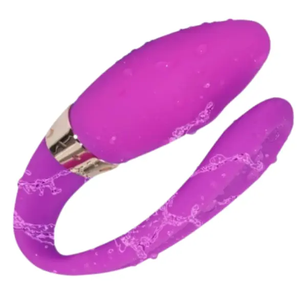 The waterproof Veyora Vibrator in purple covered in water droplets, showcasing its durable silicone body and flexible dual-arm design.