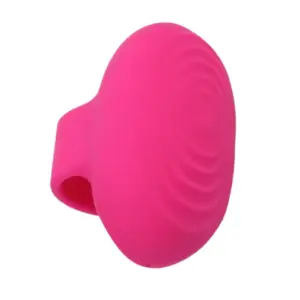 Close-up of the Vibrosa Ring Finger Vibrator in vibrant pink, showing its contoured oval shape and subtle textured ridges on the surface for enhanced stimulation.