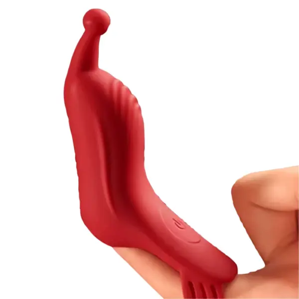 The Vintura Finger Vibrator worn on a finger, highlighting its ergonomic fit, curved body, and precision tip designed for targeted stimulation.