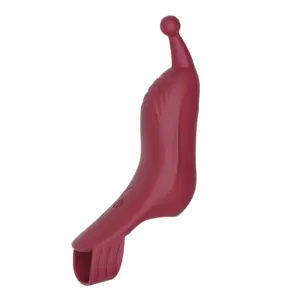 The Vintura Slim Tip Finger Vibrator in a deep red hue, displayed upright to show its contoured shape, flexible tip, and sleek silicone surface.