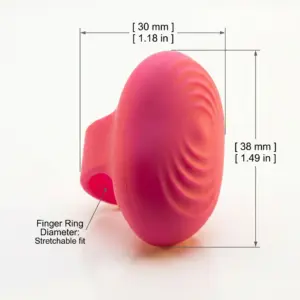 Vibrosa ring finger vibrator in pink showing measurements of 30mm width and 38mm height with stretchable finger ring design and textured surface