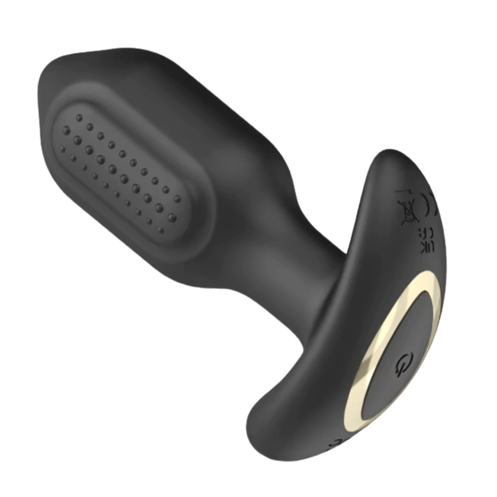 Close-up angled view of the PulseDock app-controlled textured anal vibrator showing the raised bump stimulation surface and ergonomic base design.