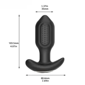 Product dimension chart for the PulseDock textured anal vibrator showing length, width, base size, and tapered shape in both inches and millimeters.