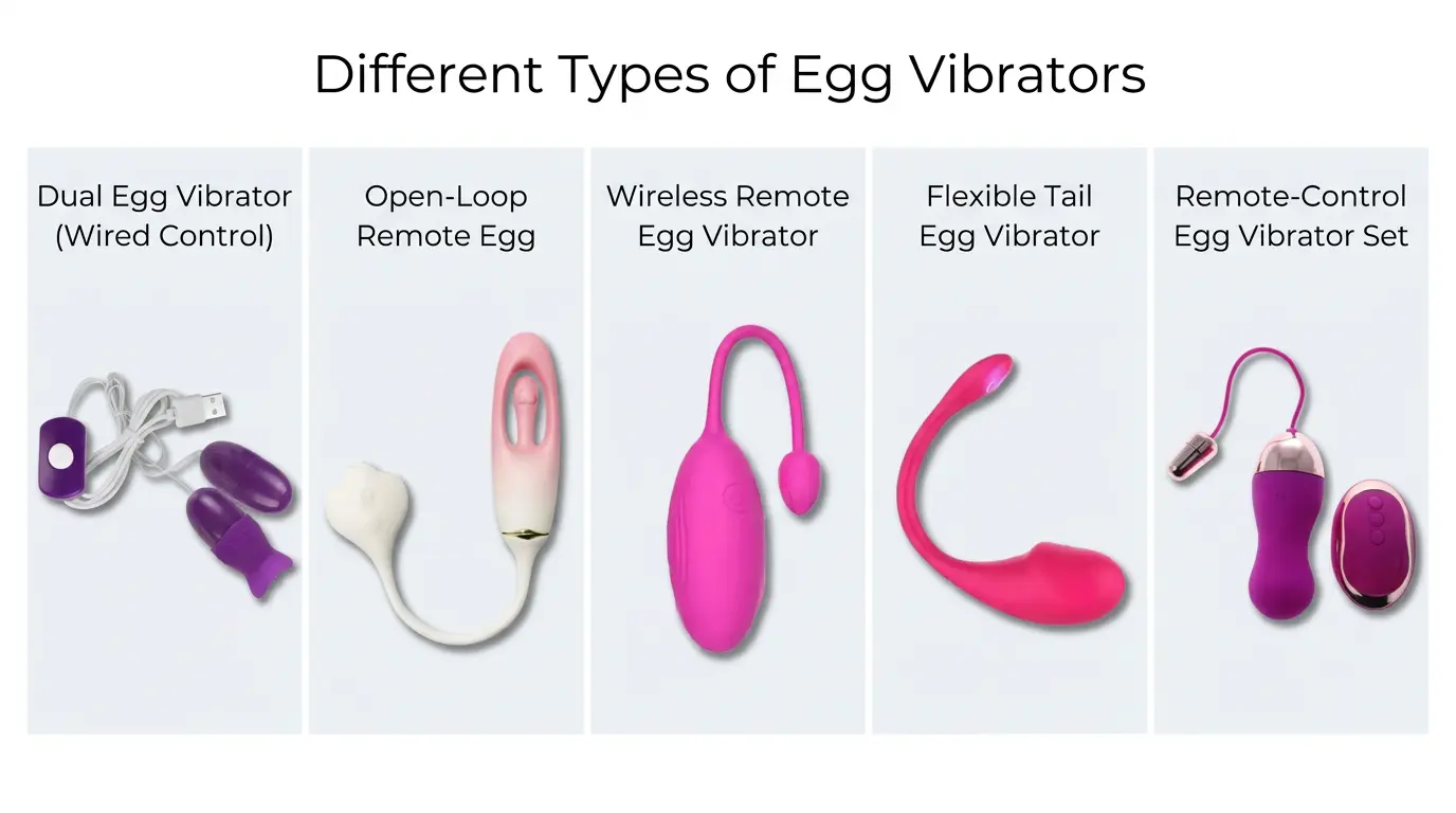 Comparison of different egg vibrator styles including wired, wireless remote, and flexible tail designs