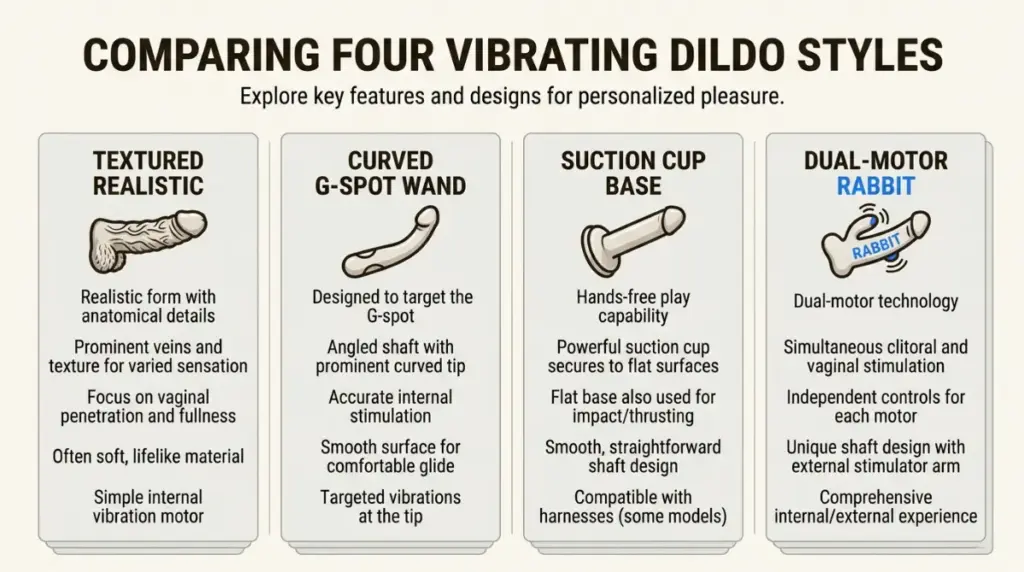Realistic, curved, and dual-stimulation vibrating dildo designs for different preferences