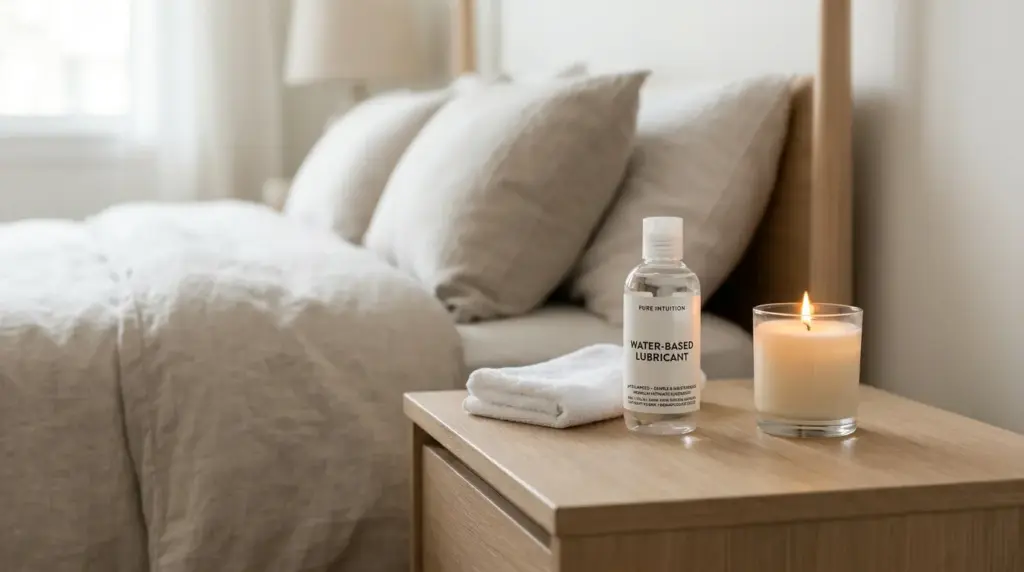 Water-based lube and soft lighting create a relaxing environment for self-exploration