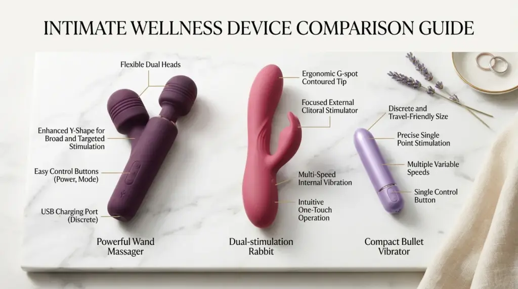 Side-by-side comparison of vibrator types including wand massager, rabbit vibrator, and bullet vibrator showing features and stimulation differences for choosing the right option
