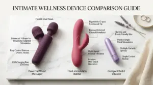 Side-by-side comparison of vibrator types including wand massager, rabbit vibrator, and bullet vibrator showing features and stimulation differences for choosing the right option